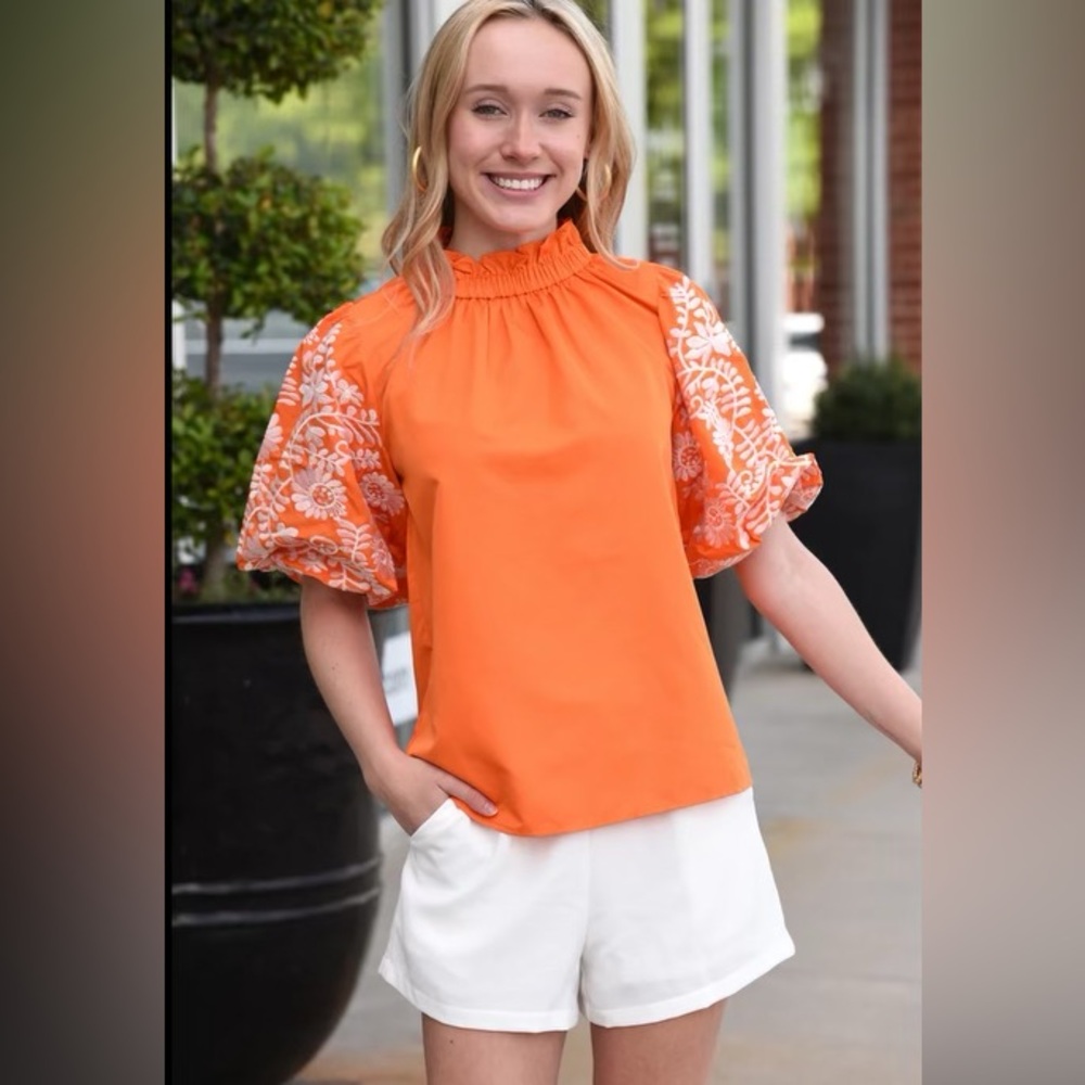 THML Orange blouse with embroidered floral sleeve
